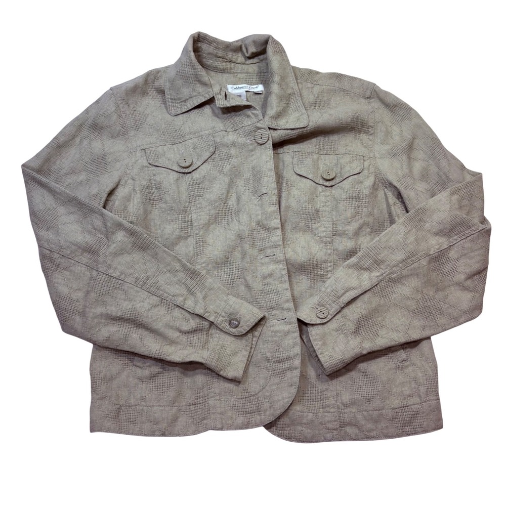 Coldwater Creek Womens Tan Linen Cotton Floral Jacquard‎ Button Up Jacket Size M